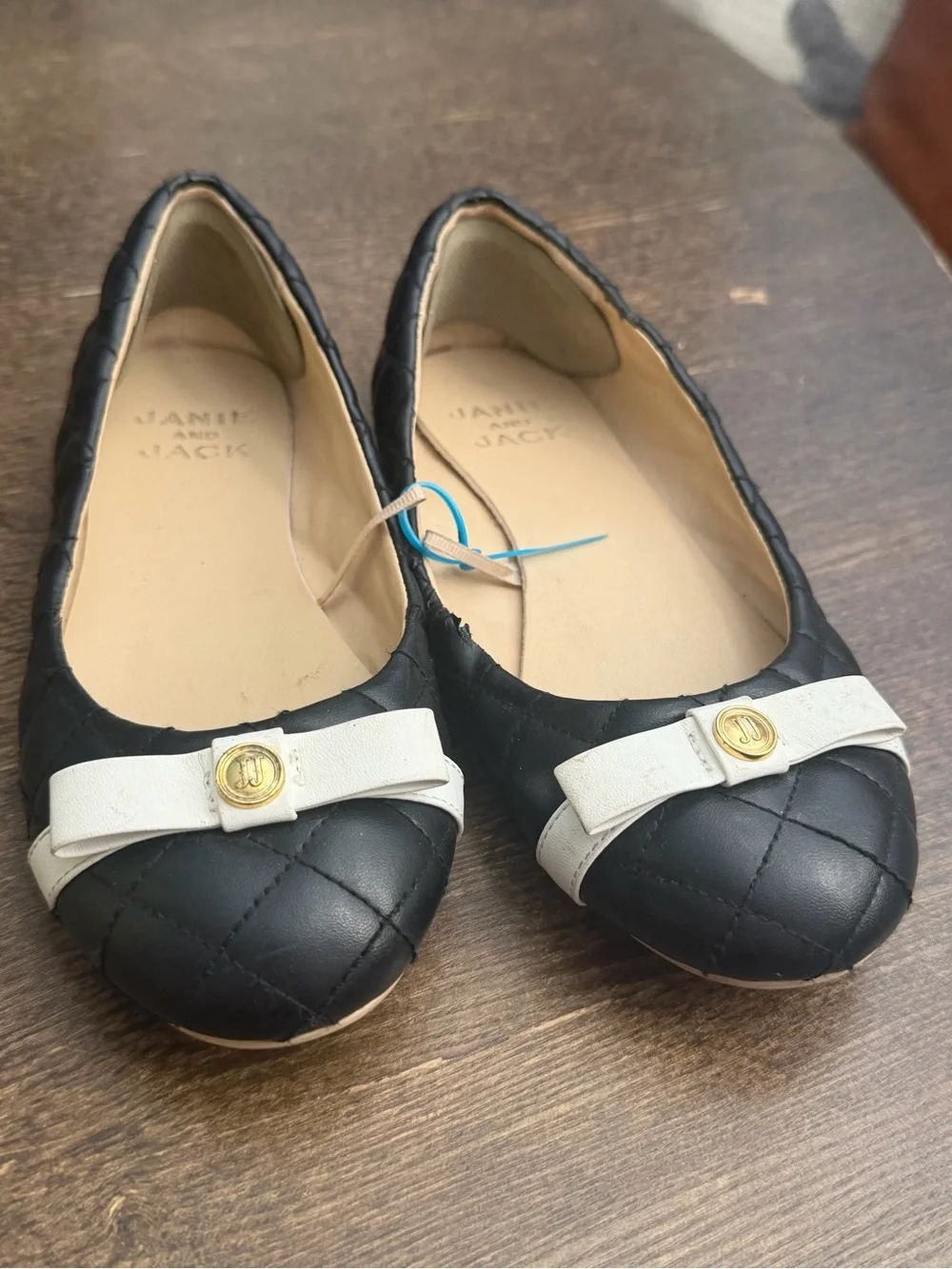 Janie and Jack Black Quilted Flats with White Bow and Gold Accent 2